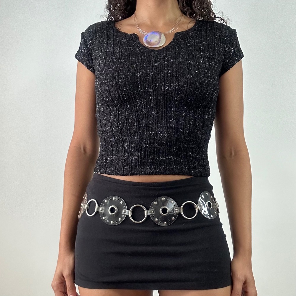 90s Rave Stretch Metallic Knit Top Black V Neck One Size Y2K Party Glam - Picture 8 of 8